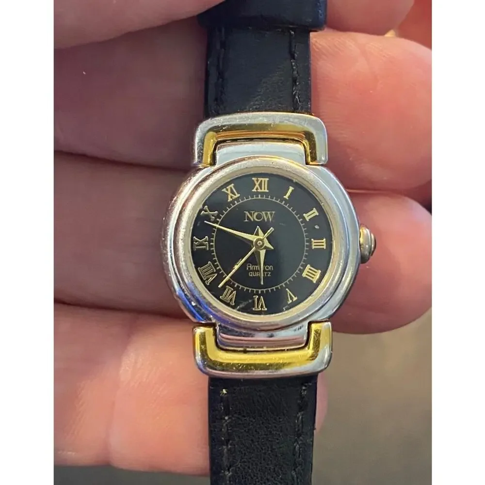 Women's 23mm Gold Tone Armitron Now Watch, Black Face and Leather Band
